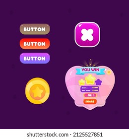 Game UI Set Of Banners Buttons Pop Up Windows Heart Shape You Win  Coin Star  Close Button Cute Colorful Vector Design