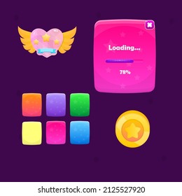 Juego UI Conjunto De Banners Botones Emergentes Botones Rectangulares Windows Cargando Icono Página Corazón Con Wings Estrella De Moneda Cerrar Botón Cuto Diseño Vector Colorido