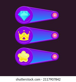 Game UI Set Of Bars Diamond Crown Star Plus Button Purple Blue Cartoon Colorful Vector Design