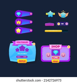 Game UI Set Of Bars Icons And Pop Up Windows In Cute Colorful Cartoon Vector Design