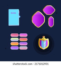 Juego De UI Icono De Libro Azul , Ups Púrpura Con Bordes Dorados , Oval Juicy Bittons , Icono De Escudo De Madera Púrpura Y Espada Dorada Con Gemas Rosa Reino De Cuto Caricatura Diseño De Vector Colorido