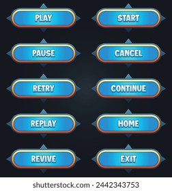 Game ui set of blue buttons with editable text effect gui to build 2d games game buttons kit