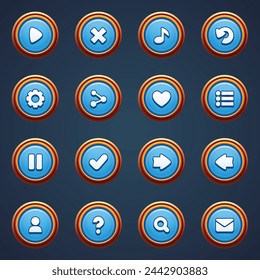 Game ui set of blue buttons in cartoon style gui to build 2d games cartoon casual buttons kit