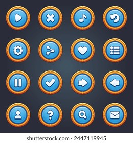 Game ui set of blue buttons in cartoon style gui to build 2d games cartoon casual buttons kit