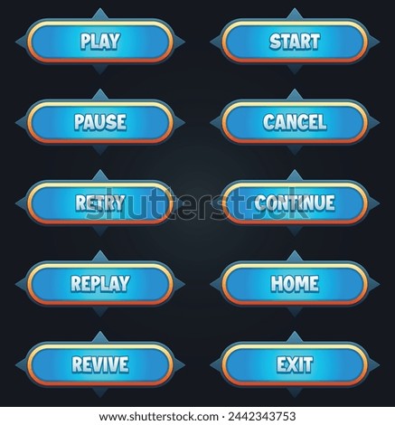 Game ui set of blue buttons with editable text effect gui to build 2d games game buttons kit