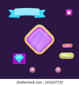 Game UI Set Blue Ribbon Close Button Wooden Buttons Diamond Pop Up Window Cute Colorful Cartoon Vector Design