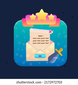 Game UI Set Blue Turquoise Bokeh Pop Up Window With Envelope Ribbon And Stars Header , Icon Of Golden Sword Of King Cute Cartoon Colorful Vector Design