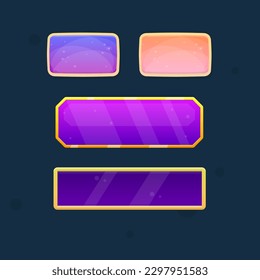 Juego de UI de juego Botones Gem Ventanas Azul Púrpura Oscuro Surgen Con Bordes Dorados Diseño De Vector De Dibujo Cuto