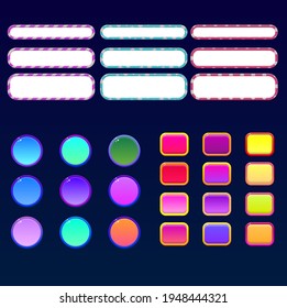 Game-UI-Satz von Tasten glänzend farbig in verschiedenen Farben und Vectordesign der Formen