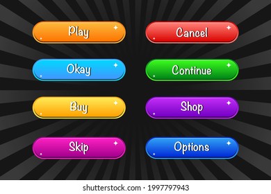 Game UI set of Buttons. GUI to build 2D games. Can be used in production of mobile, web or video games. Cartoon Casual Buttons Kit. Game design button. Game Buttons