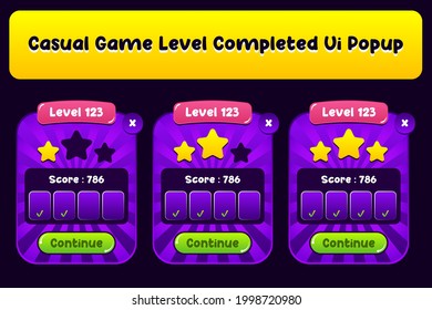 Game UI set of Buttons. GUI to build 2D games. Can be used in the production of mobile, web, or video games. Cartoon Casual Buttons Kit. Casual game level completed UI popup.