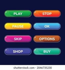 Game ui set of Buttons. GUI for 2D games. Vector. Cartoon Casual Buttons Kit.
