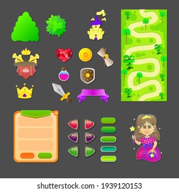 Game UI Set Buttons Icons Character Map Colorful Cartoon Kingdom Princess Royal Fairy Tale Style For Games Vector Design