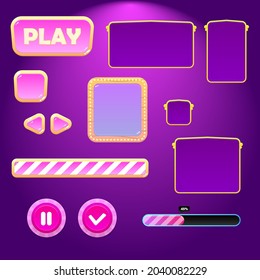 Game UI Set Buttons Pop Up Windows Progress Bar In Dark Circus Vintage Style Purple Pink Gold Colors Vector Design