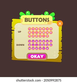 Game UI Set Of Buttons Pop Up Window Stone Age  With Buttons Wood Grass Nature Beige Orange  Cute Cartoon Style Vector Design