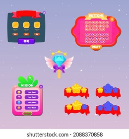 Game Ui Set Of Buttons Pop up Window , Mission Window With Bubbles , Blue Diamond Wings  Stars Header On Space Vector Design