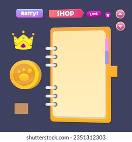 Game UI Set Coin Wooden Buttons Note Book Pop Up Shop Bookmark Close Button Crown Icon Oval And Rectangle Cartoon Cute Colorful Vector Design