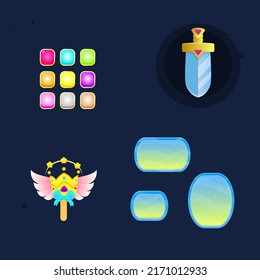 Game UI Set Colorful Buttons , Crown Wings Hole Lollipop Icon , Blue Yellow Pop Up Windows , Icon Of Golden Sword With Pink Gems And Triangle Elements Of Kingdom Cute Cartoon Colorful Vector