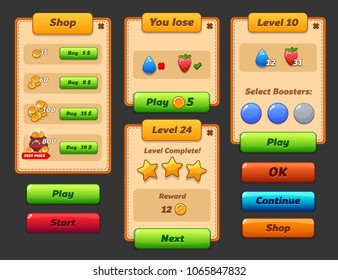 Game ui set. Complete menu of graphical user interface GUI to build 2D games. Casual Game. Vector. Can be used in mobile or web games.
