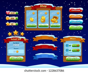 Game ui set. Complete menu of graphical user interface GUI to build 2D games. Casual Game. Vector. Can be used in mobile or web games.
Winter style interface.