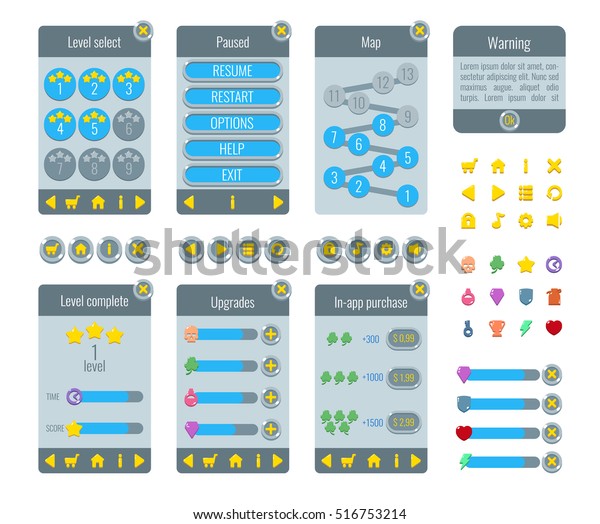 ゲームuiセット グラフィカル ユーザー インタフェースguiの完全なメニュー 画面 リソースバー ゲーム 用のアイコン レベル選択 一時停止 マップ 警告 レベル完了 アップグレード アプリ内購入 ベクターイラスト のベクター画像素材 ロイヤリティフリー