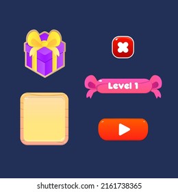 Game UI Set Gift Icon Wooden Pop Up Red Buttons And Banners Cute Cartoon Colorful Vector Design