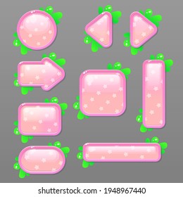 Game UI Set Of Glossy Glamour Pink Colorful Juicy Buttons And Bars With Stars And Plants Vector Design