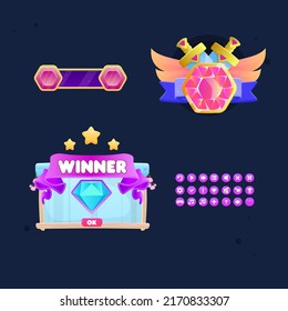 Juego UI Barra Dorada , Icono De Dos Espadas Doradas Con Gemas Rosa Y Elementos Triangulares Alas Recompensas Cinta Azul Bengala Gema Rosa , Ganador Pop Up , Botones De Reino Cute Vector Colorido De Dibujo