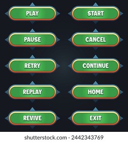Game ui set of green buttons with editable text effect gui to build 2d games game buttons kit