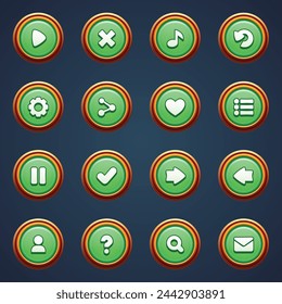 Game ui set of green buttons in cartoon style gui to build 2d games cartoon casual buttons kit