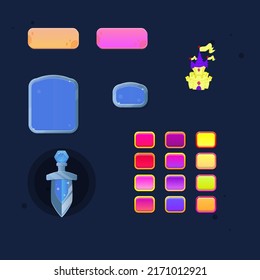 Juego UI Configurar Icono Castillo Botones De Rock Ventanas Emergentes Plata Y Distintos Botones Icono De Espada Azul Del Reino De Cristal De Hielo Cuto Caricatura Diseño Vector Colorido