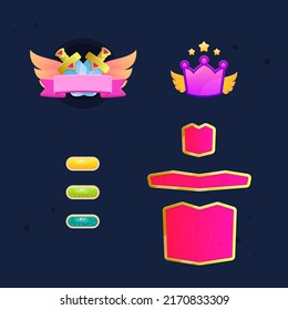 Game UI Set Icon Of Two Golden Swords With Pink Gems And Triangle Elements Reward Wings Ribbon Badge Of Kingdom  Golden Border Pop Ups , Buttons  , Crown Icon In Cute Cartoon Colorful Vector Design