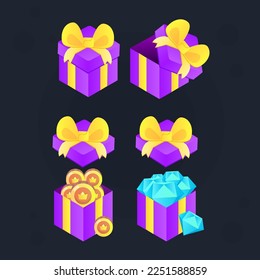 Game UI Set Icons Opened And Closet Gift Boxes Cute Colorful Cartoon Vector Design