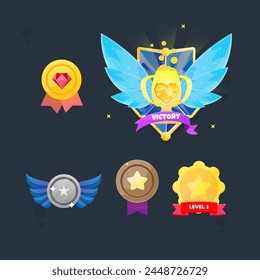 Game UI Set Medals Victory Badge Glossy Golden First Level Up Reward Rank Grade Coin Different Colors Vector Design