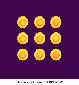 Game UI Set Of Money Coins Golden Treasure Icon Different Symbols Colorful Cartoon Cute Vector Design