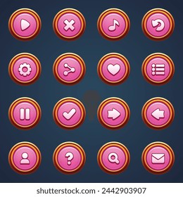 Game ui set of pink buttons in cartoon style gui to build 2d games cartoon casual buttons kit