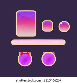 Game UI Set Pink  Circle Cat Style PopUp Abstract Rectangle Windows Icons And Bar With Golden Borders Vector Design