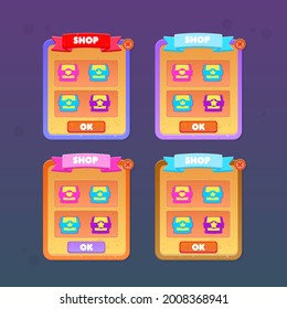 Game UI Set Pop Up Shop Chests Windows With Headers And Buttons For Casual Game In Stone Age Style Historical Old Style Cute Cartoon Colorful Vector Design