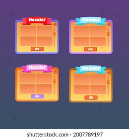 Juego UI Configurar Ventana Emergente Con Cabecera Y Botones Para Juegos Casuales En Estilo Edad De Piedra Estilo Histórico Estilo Antiguo Cuto Dibujo Colorido Vector Diseño