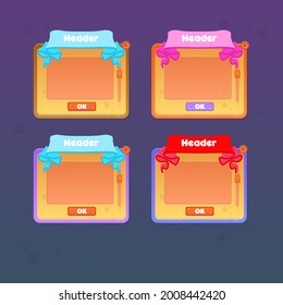 Game UI Set Pop Up Window With Ribbons Header And Buttons For Casual Game In Stone Age Style Historical Old Style Cute Cartoon Colorful Vector Design 