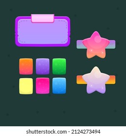 Game UI Set Pop Up Window With Stitching And Torn Edges Buttons  Stars Pink Purple Vector Design