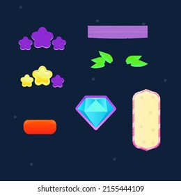 Game UI Set Pop Up Window Wooden Leaf Purple Cartoon Button Set And Icons Diamond Cute Colorful Vector Design