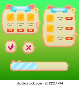Game UI Set Pop Up Windows Buttons And Loading Bar In Cartoon Cat Colorful Cute Style For Casual Games Vector Design