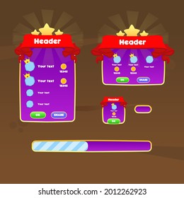 Game UI Set Pop Up Windows Buttons And Loading Bar In Cartoon Purple Gold Red Classic Colorful Cute Style For Casual Games Vector Design