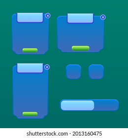 Game UI Set Of Pop Up Windows Buttons And Loading  Bar In Blue Denim  Style Cartoon Colorful Cute Vector Design