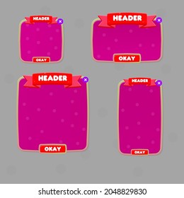 Game UI Set Of Pop Up Windows Gold Frames Burgundy Circles With Headers And Buttons Vintage Cartoon For Games Cute Cartoon Style Vector Design