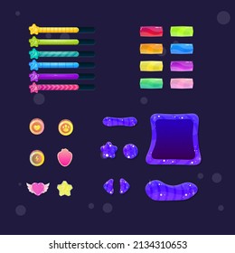 Game UI Set Pop Up  Windows Space Icons Coins Heart Star Bar Set Juicy Buttons Cartoon Cute Vector Design