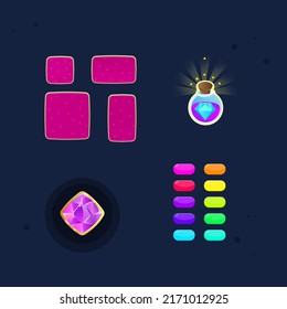 Game UI Set Pop Up Windows With Dots , Bottle With Gem Icon , Different Colorful Oval Buttons , Icon Of  Pink Purple Gem With Golden Icon Elements Of Kingdom Cute Cartoon Colorful Vector Design