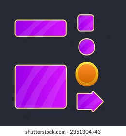 Juego UI Juego De Pop Up Windows Banners Iconos Flecha De Moneda Y Botones Morado Naturaleza Estrellas Bordes Dorados Cuadros Dibujo Vector Colorido