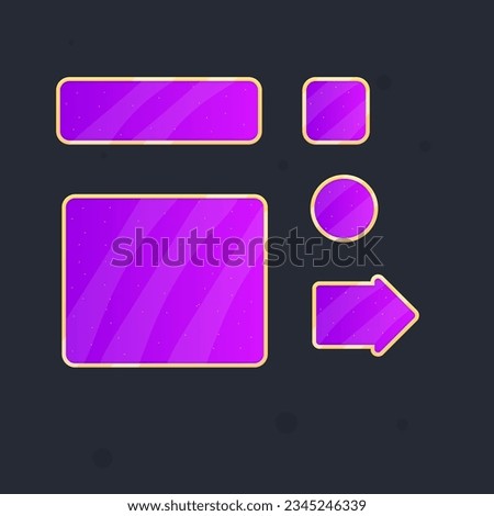 Game UI Set Of Pop Up Windows Banners Icons Arrow And Buttons Purple Nature Stars Golden Borders Cute Cartoon Colorful Vector Design
